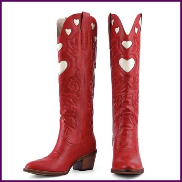 Women's Knee High Cowboy Boots Wide Calf Round Toe Chunky Heel Embroidered - Picture 2 of 8